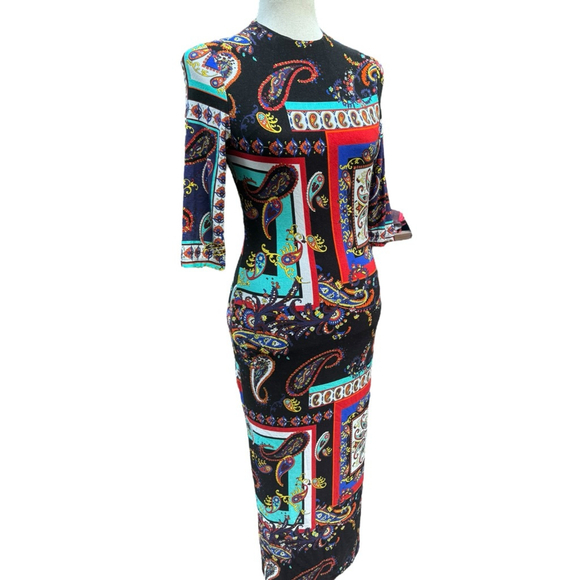 Alice + Olivia Delora Paisley Bodycon Dress Size 6 Colorful Midi Stretch Classic - Picture 14 of 16